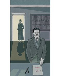 a drawing of a man standing in front of a bookcase