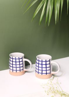 two coffee mugs sitting on top of a table next to a potted plant