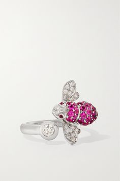 Symbolic of vivacity and good fortune, Sabbadini's signature 'Bee' motif is inspired by a brooch Alberto Sabbadini designed for his wife in the '80s. This ring has been expertly crafted in Italy from 18-karat white gold that's exquisitely set with an array of vivid pink sapphires and sparkling diamonds. It's sure to be a conversation starter. Luxury Ruby Jewelry With Pave Setting, Designer Platinum Jewelry Gift, Designer Platinum Jewelry For Gift, Designer Jewelry With Pave Setting For Gift, Gold Sapphire Ring, White Sapphire Ring, White Gold Sapphire, Sapphire And Diamond Ring, Pink Sapphire Ring