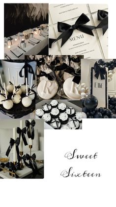 a collage of black and white items including candles, cake pops, desserts