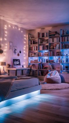 a bed room with a neatly made bed and bookshelves