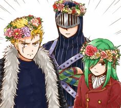 three anime characters with flowers in their hair and one wearing a green headdress