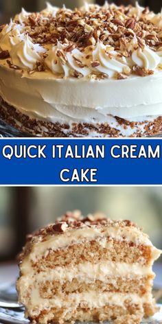 two pictures of a cake with white frosting and walnuts on top that says quick italian cream cake