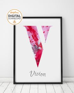 a framed poster with the letter v painted in watercolor on it's white background