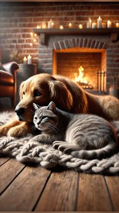 a dog and cat laying on a rug in front of a fire place