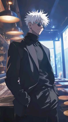 a man with white hair and glasses standing in front of a bar wearing a black outfit