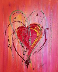 a painting of a red heart on a pink background with lines and splots