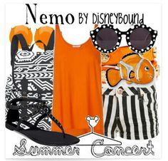 an orange shirt and black and white striped shorts are featured in this image with the words nemo by disney bound