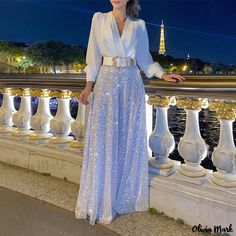 Olivia Mark - Long-Sleeve Shirt Dress with V-Neck, Waist Cinching Elegance, and Wide-Leg Pants Embellished with Sequins Festive Long Sleeve Dresses For Workwear, Sequin Maxi Dress, Sequin Maxi, Elegant Shirt, Lace Ruffle, Maxi Dress Party, Long Sleeve Shirt Dress, Wide Leg Jumpsuit, Elegant Dress