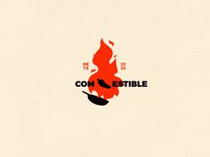 a red fire with the words com estible on it and a black frying pan