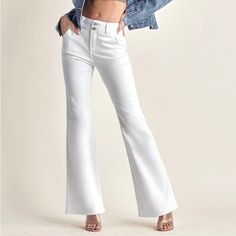 Brand New High Waisted Risen Jeans With Stretch. On Trend Flare Leg, Wide, Double Button Waist. Size 31/11 Fitted Button-up Bottoms For Spring, White Buttoned Bottoms For Fall, Fitted Bottoms With Buttons For Spring, Spring Bottoms With Buttons, White Fall Bottoms With Buttons, White Bottoms With Snap Buttons For Spring, White Snap Button Bottoms For Spring, Spring White Bottoms With Snap Buttons, Chic Button-up Bottoms For Spring