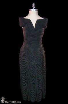 "VALENTINE SALE TODAY Discounts apply to all new purchases--including new layaways (not applicable to previous orders, existing layaways, or other credits, exchanges, or discounts.) Vintage Jean Dessès (1904-1970) endlessly gathered and shirred black silk evening dress. The bodice has a sculptural portrait neckline that wraps over the shoulders. Hidden side metal zip. The silk jersey has some give (about 2 inches), the unstretched measurements are bust 34\", natural waist 26\" (slightly up from Pre-draped Cocktail Evening Dress With Folds, Pre-draped Evening Dress With Pleated Back For Party, Pleated Pre-draped Evening Dress, Pre-draped Cocktail Evening Dress With Pleated Back, Fitted Evening Dress With Folds, Pre-draped Evening Dress With Pleated Back For Cocktail, Pleated Draped Evening Dress, Pre-draped Gala Evening Dress With Folds, Draped Pleated Evening Dress