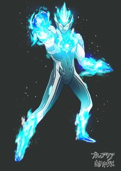 an anime character with blue flames in his body and arms, running through the air