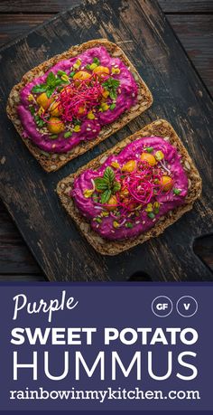 two pieces of toast with purple sweet potato hummus on it and the words, purple sweet potato hummus