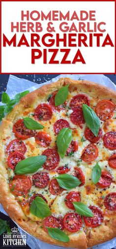 the homemade herb and garlic margherita pizza is ready to be eaten with fresh basil on top