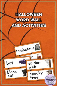 halloween word wall and activities for kids to practice spelling the words in their own language