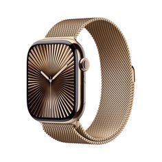 an apple watch with gold mesh band on a white background, showing the front and side view