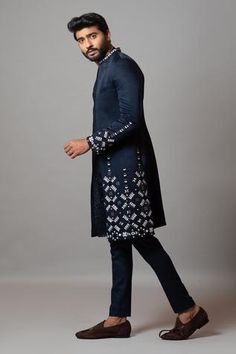 Shop for Paarsh Blue Linen Satin Constellation Embroidered Achkan Set for Men Online at Aza Fashions Festive Sherwani With Geometric Embroidery And Long Sleeves, Festive Sherwani With Geometric Embroidery, Festive Long Sleeve Sherwani With Geometric Embroidery, Fitted Traditional Wear With Geometric Embroidery For Transitional Season, Fitted Traditional Wear With Geometric Embroidery, Designer Straight Kurta With Mirror Work, Fitted Kurta With Geometric Embroidery For Eid, Designer Geometric Embroidered Fitted Kurta, Festive Eid Kurta With Geometric Embroidery