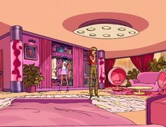 the cartoon room is filled with pink furniture