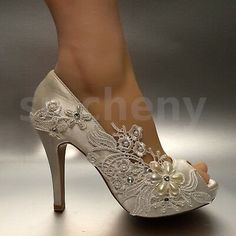 su.cheny 3" 4" heel satin white ivory lace pearls peep toe Wedding Bridal shoes | eBay Wedding Shoes Chunky Heel, Wedding Shoes Pumps, Pearl Wedding Shoes, Wedding Shoes For Bride, Crystal Wedding Shoes, Shoes For Bride, Shoes Bride, Shoes Chunky, Wedding Shoes Bride