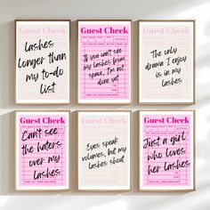 four pink and black wall hangings with different types of writing on the same sheet