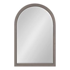 the arched mirror is made from wood and has a gray frame, with a white background