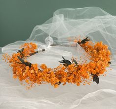 Baby's BreathCrown Dried Flower Crown brunt Orange  bridesmaid Crowns Autumn wedding This orange crown is made from the Baby's Breath， Orange like the color of a sunset, symbolizes reluctance to leave. Please note that the color of each batch of flowers may vary.  Usually the child size is 43cm, adult size is 45cm, we provide customized service, you can measure the head circumference and provide the size, I will make according to your requirements!  Transportation: It takes about 10 to 18 days to reach the United States and Canada. In the UK, Germany and other countries, please try to buy in advance and prepare enough time. Some dried flowers are treated or colored. Therefore, they may have their own smell. Because it is a natural product, the color and length may be slightly different. Ea Flower Crown Colorful, Marigold Crown, Orange Flower Crown, Orange Crown, Princess Story, Bridesmaid Crown, Crown Aesthetic, Orange Bridesmaid, Flower Tiara