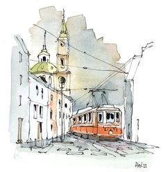 a watercolor painting of a train going down the tracks in front of some buildings