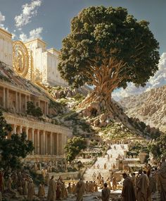 an ancient city with people and trees in the foreground, surrounded by rocky mountains