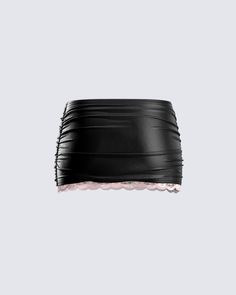 A sweet rebellion 😊 Turning heads, and breaking hearts is a given in this black vegan leather skirt. Complete with satin bow detailing, tiny bow trim, ruched details, and a scallop lace trim 💕🖤 Feminine Party Mini Skirt With Lace Trim, Feminine Lace Trim Mini Skirt For Party, Chic Party Mini Skirt With Lace Trim, Black Fitted Satin Mini Skirt, Fitted Black Satin Mini Skirt, Black Lace Trim Skirt For Night Out, Fitted Mini Skirt With Lace Trim For Party, Fitted Lace Trim Mini Skirt For Party, Feminine Black Party Skirt