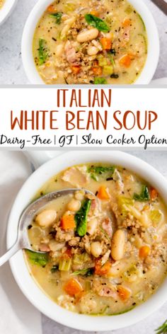 two bowls of italian white bean soup with broccoli and carrots