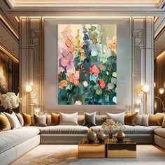 a living room filled with furniture and a painting on the wall above it's couches