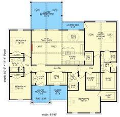 the first floor plan for a home with two master suites and an open kitchen area