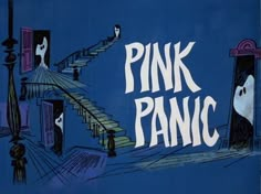 the title for pink panic, written in white on a blue background with black and white images