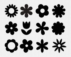 the silhouettes of different flowers are shown in black and white, with one large flower on