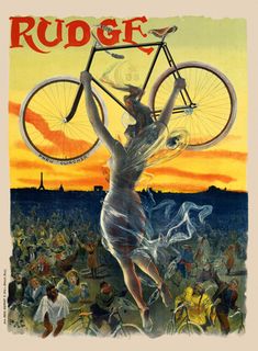 a painting of a woman holding a bicycle over her head