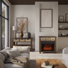 a living room filled with furniture and a fire place in the middle of the room