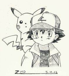 a drawing of a boy and a pikachu