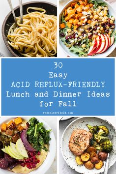 the words 30 easy and delicious lunch and dinner ideas for fall are shown in blue