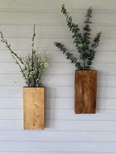 two wooden vases with plants in them on a wall next to a white wall