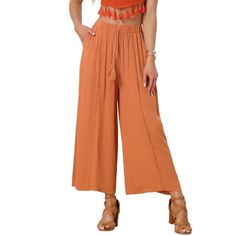 The chic long trousers featuring loose-fitting silhouette flatters all body types, offering you a comfortable wearing experience and an elegant casual look. The high waist with flexible drawstring makes it fashionable and gorgeous pants for women, perfect for any outdoor activities. The feminine boho pants can be dressed up with heels and statement, or dressed down with sandals and a simple top. More Styles, More Choices, CLICK HERE. Size: XS.  Color: Orange.  Gender: female.  Age Group: adult. Solid Ankle-length Rayon Pants, Solid Rayon Ankle-length Pants, Trendy Wide-leg Rayon Pants, High-waisted Rayon Pants With Pockets, Ankle-length Rayon Pants With Pockets, Slim Fit Trousers Men, Palazzo Pants Plus Size, Wide Leg Lounge Pants, Slacks For Women