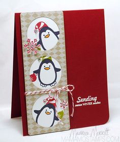 a card with two penguins on the front and one penguin on the back that says sending snow winter wishes