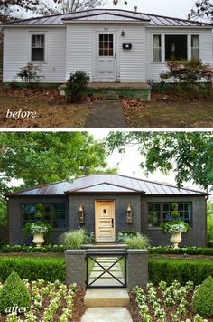 before and after pictures of a small white house with metal roof, front porch and entry door