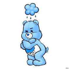 a blue teddy bear sitting in front of a cloud with its paw on his chest