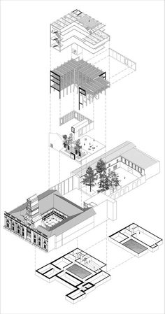 an architectural drawing shows the various sections of a building and its surrounding area, including two levels