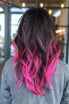 Click for More ➡️ | Save for Later ❤️  Add a pop of color to your dark brown hair with pink tips. This style is perfect for those who want a subtle yet striking look. It works well on both straight and wavy hair. (Dark Brown Hair with Pink Tips) Dark Magenta Hair Burgundy, Pink Baylage Hair Dark Brown, Dark Brown Hair With Hot Pink Highlights, Hot Pink Tips Hair, Dark Brown Hair Pink Highlights, Pink Hair Trends, Pink Hair Ideas Brunettes, Brown Hair With Pink Tips