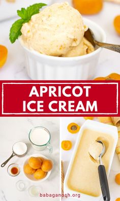 apricot ice cream in a white bowl with spoons and oranges around it