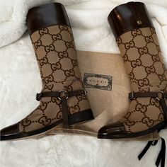 Gucci Macro Gg Long Boot Canvas Material, Size 40, Gently Used, Calf Length. Chic Brown Gucci Boots, Shoes Gucci, Long Boots, Gucci Shoes, Shoes Heels Boots, Canvas Material, Shoes Women Heels, Shoes Heels, Gucci