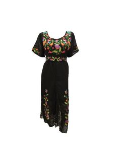 Material: Polyester- Lining to knees: 100% Cotton Size: M- Bust: 38''- Sleeve length: 9''- Length: 49'' Size: L/XL- Bust: 40''- Sleeve length: 9''- Length: 49'' - Boho - Gothic  - Lace panels - Floral embroidery - Fit & Flare - Scoop neck - Slight sheer Material( Below waist)  - 3/4 Lining to knee -Elasticated waist( back as shown in picture) (4930) Festive A-line Dress With Floral Embroidery, Traditional A-line Embroidered Dress, Bohemian Midi Dress With Floral Embroidery For Party, Fitted Floor-length Embroidered Dress, Summer Festive Floor-length Dress, Long Dress With Multicolor Embroidery For Spring, Festive Black Long Dress, Festive Fitted Embroidered Maxi Dress, Summer Festive A-line Dress