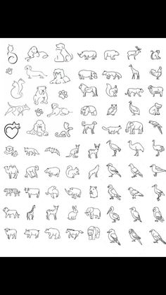 an image of various animals drawn in black and white